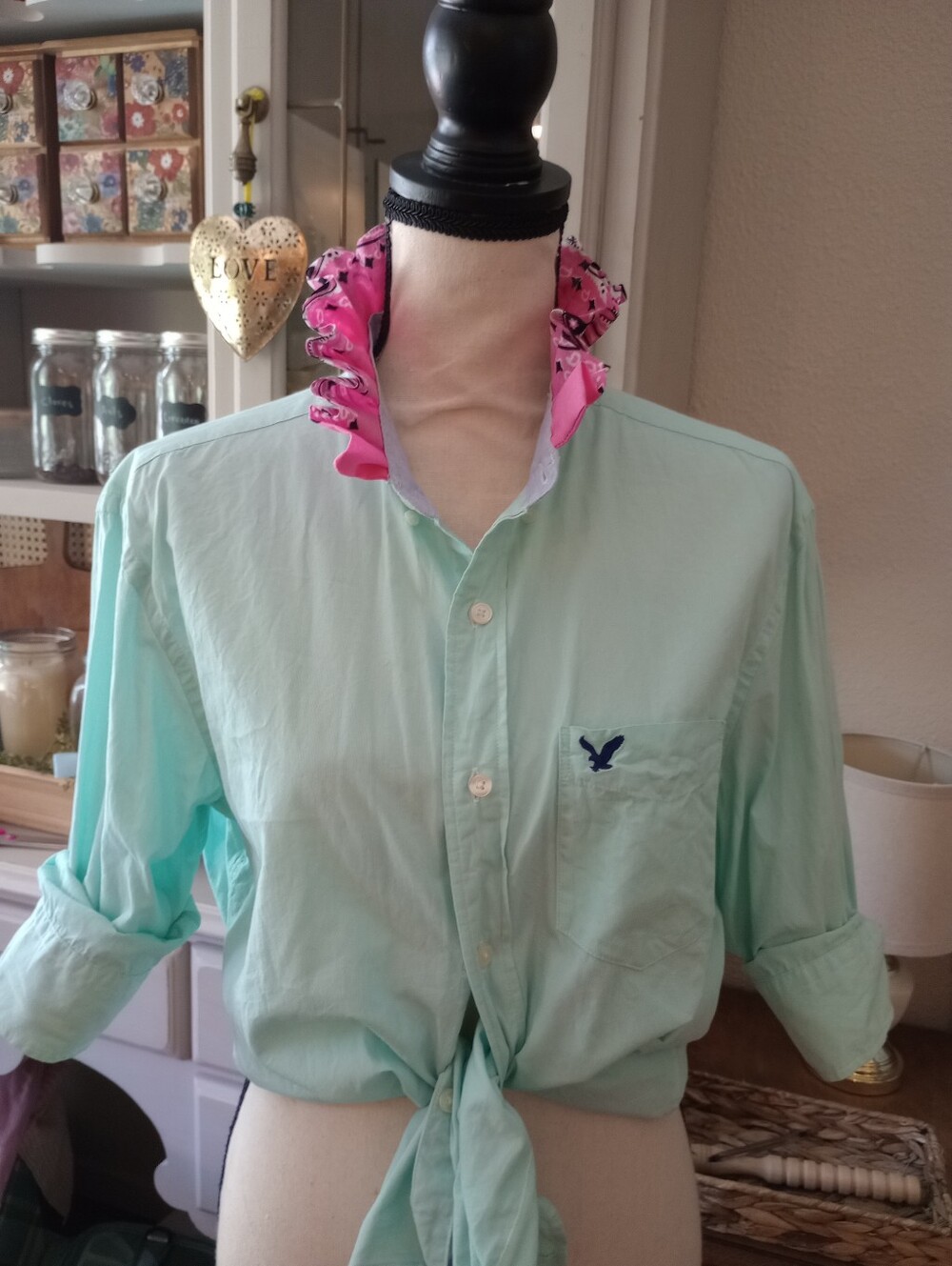 Light Mint Button-Up Shirt with Pink Contrast Collar